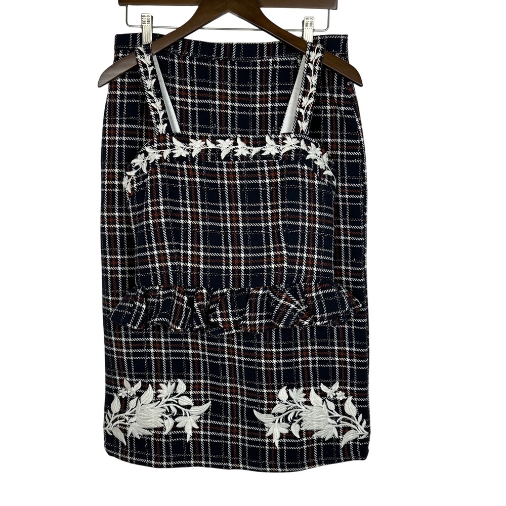 NWT Fanm Mon Jill Set Navy Plaid Tartan L Peplum Top Pencil Skirt‎